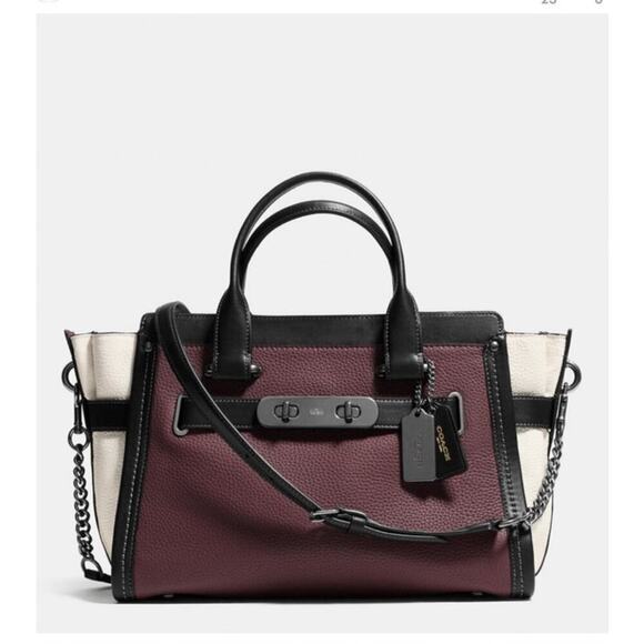 Coach Swagger Colorblock Burgundy White Pebbled Leather Carryall Purse Bag - Picture 1 of 11